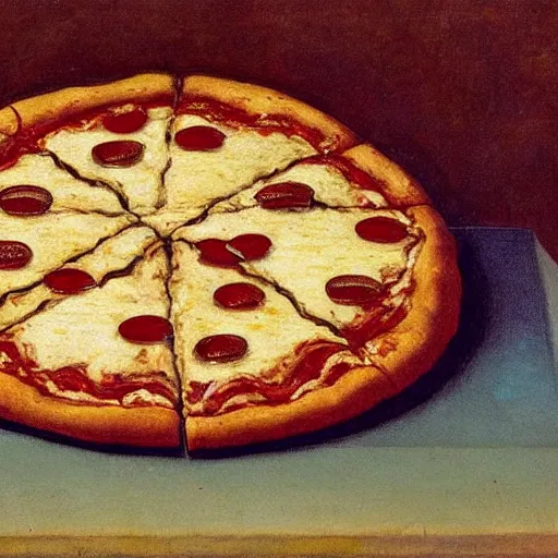 Prompt: DaVinci oil painting of a pizza magaritha on a garden table