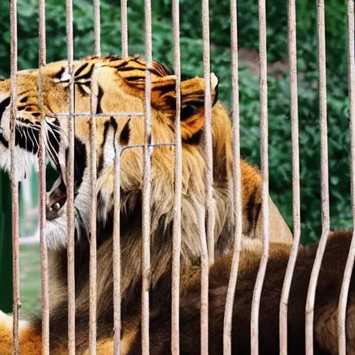 Prompt: lion and a tiger roaring in cage at the zoo wearing a hat