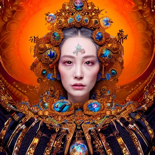 Image similar to a beautiful empress portrait, with a brilliant, impossible striking big cosmic galaxy headpiece, clothes entirely made out of cosmos chaos energy, symmetrical, dramatic studio lighting, rococo, baroque, jewels, asian, hyperrealism, closeup, D&D, fantasy, intricate, elegant, highly detailed, digital painting, artstation, octane render, 8k, concept art, matte, sharp focus, illustration, art by Artgerm and Greg Rutkowski and Alphonse Mucha