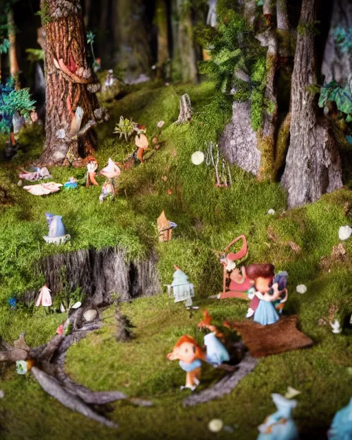 Prompt: high quality presentation photo of a detailed miniature diorama of a fairy tale forest in the style of Nicoletta Ceccoli, photography 4k, f1.8 anamorphic, bokeh, 4k, Canon, Nikon