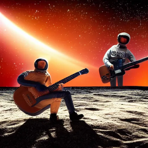 Image similar to a photo of a detailed, realistic, regular sized, sitting idle fender electric guitar next to a sitting idle beer can with an astronaut sitting down on the moon surface and an astronaut playing guitar in the background. detailed photo. realistic photo. cinematic. cinematic shot