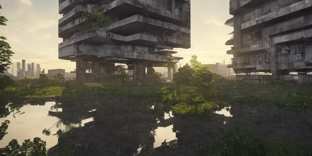 Image similar to brutalist architecture, a stunningly detailed building, surrounded by lush green forest, ponds of water, stunning volumetric lighting, sunset, metal, concrete, stunning skies, trending on Artstation, 8k, photorealistic, hyper detailed, unreal engine 5, IMAX quality, cinematic, epic lighting, in the style of Greg Rutkowski