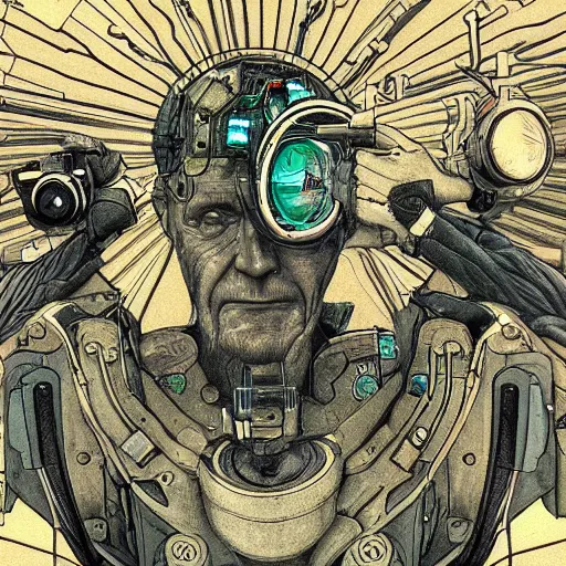 Prompt: Ultra realistic illustration of an old man cyborg cyberpunk sci-fi dystopian art nouveau