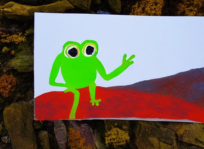 Image similar to portrait of pepe tge frog hiking franconia ridge new hampshire in autumn, artwork by etel adnan