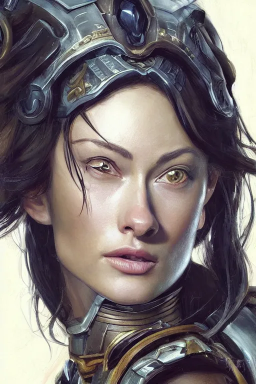 Image similar to a professional painting of a young Olivia Wilde, clothes in military armor, olive skin, long dark hair, beautiful bone structure, symmetrical facial features, intricate, elegant, digital painting, concept art, smooth, sharp focus, illustration, from StarCraft by Ruan Jia and Mandy Jurgens and Artgerm and William-Adolphe Bouguerea