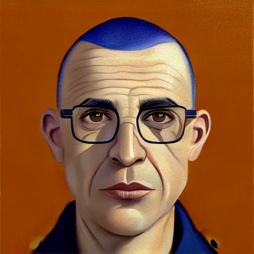 Prompt: 50 year old greying brunette man with very short hair, buzz cut, round face, square face, round jaw, wide chin , romanian, silver small glasses, romanian heritage, brown eyes, brown eyes, olive skin, round nose, round chin, clean shaven wide face, thin lips, digital art, concept art, cgsociety, painterly, painting, 8k, illustration, painting, dramatic, beautiful, art by loish loish loish, cartoon, stylized painterly, trending on artstation, medium shot, uncropped