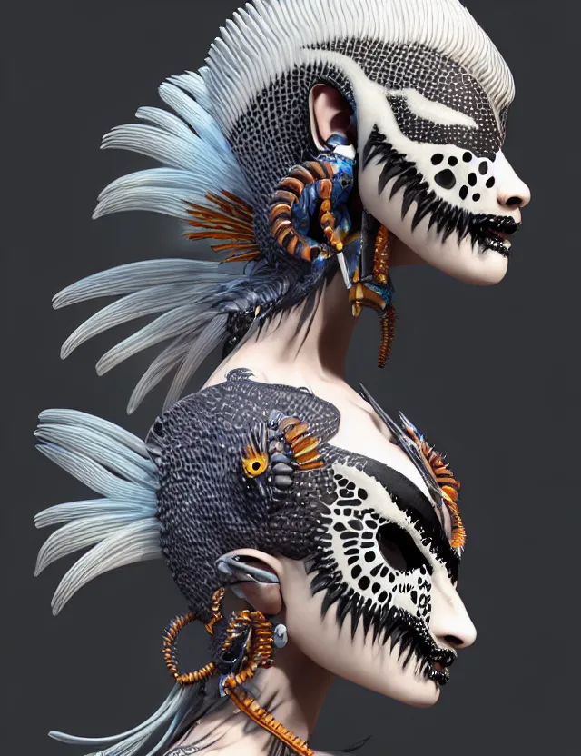 Image similar to 3 d goddess close - up profile simple portrait punk with mohawk with tiger skull. beautiful intricately detailed japanese crow kitsune mask and clasical japanese kimono. betta fish, jellyfish phoenix, bio luminescent, plasma, ice, water, wind, creature, artwork by tooth wu and wlop and beeple and greg rutkowski