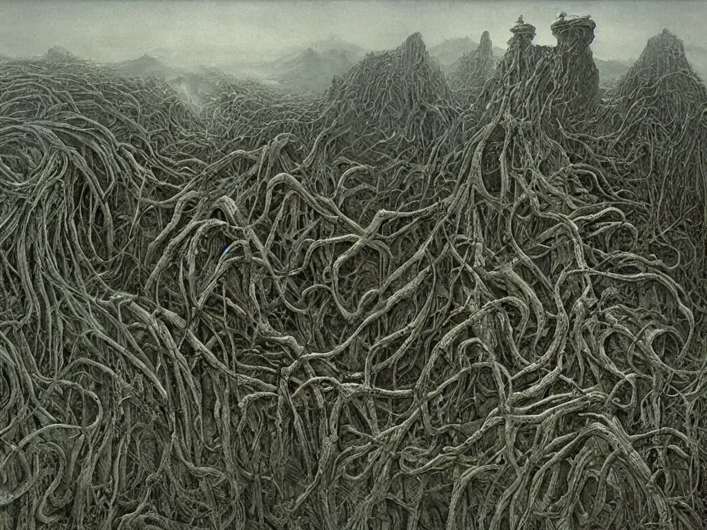 Image similar to landscape by H.R. Giger, Zdzislaw Beksinski, Todd McFarlane