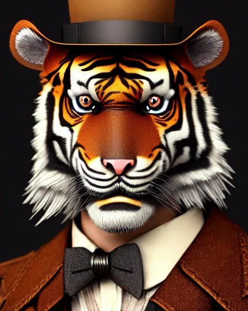 Image similar to steampunk male tiger portrait, handsome, steampunk hat, detective coat, steampunk monocle, complex 3 d render by ilya kuvshinov, peter mohrbacher, greg rutkowski, ryohei hase, dramatic lighting, intricate, highly detailed, sharp focus, luminous, unreal engine, blender, artstation, masterpiece, ray tracing