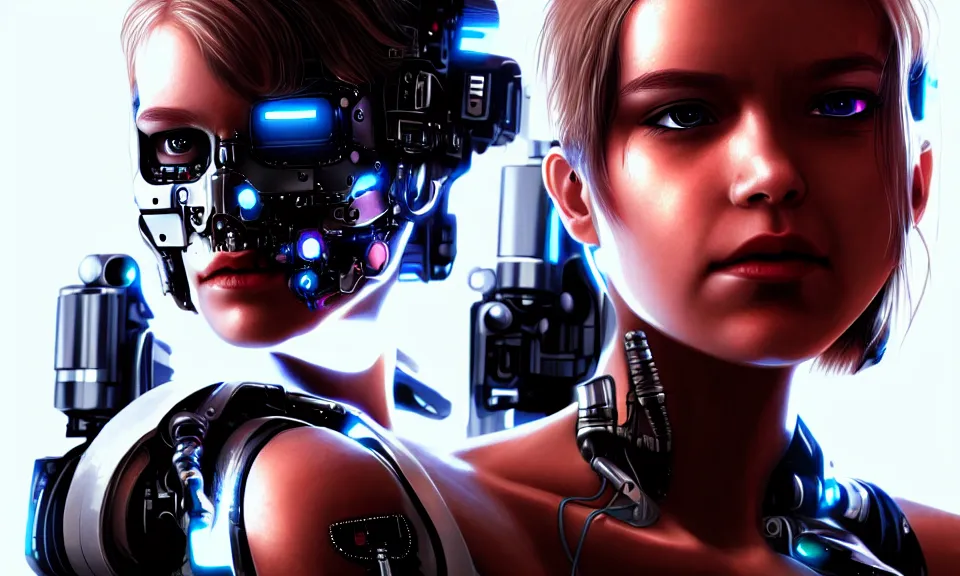 Image similar to a beautiful young girl with a cyborg body Fight with terminator, fine details, cyberpunk, realistic shaded Perfect face ,featured in cinematic, elegant, highly detailed,artstation,illustration, 8k