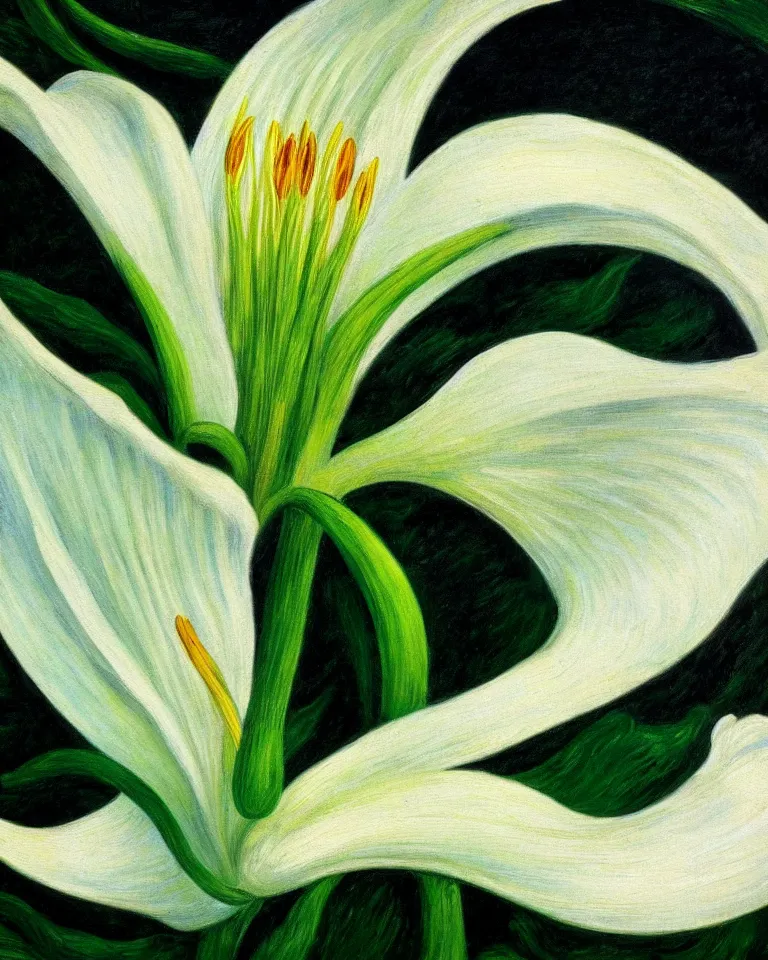Image similar to achingly beautiful extreme close up painting of one white lily blossom on green background rene magritte, monet, and turner. piranesi. macro lens.