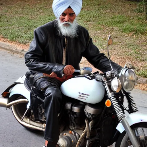 Prompt: photograph of an elderly sikh man in a leather jacket, riding a motorcycle