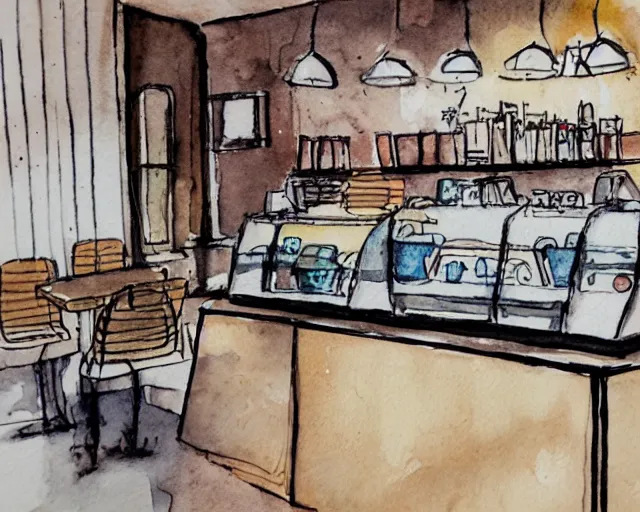 Prompt: a coffee shop smooth watercolor ink pen