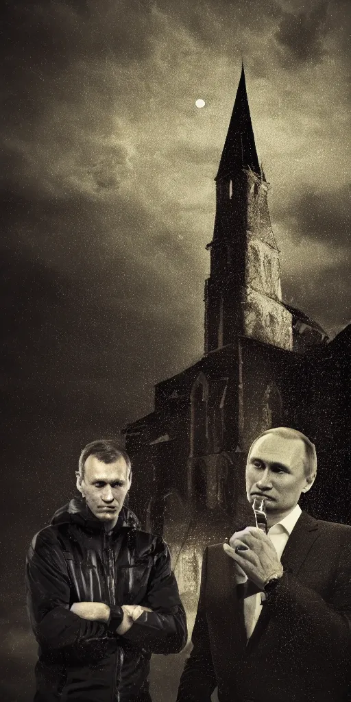 Prompt: alexei navalny with vladimir putin together, dark gloomy church, midnight, moon, horror, thunder sky, rain, sadness, depression, fog, darkness, bokeh