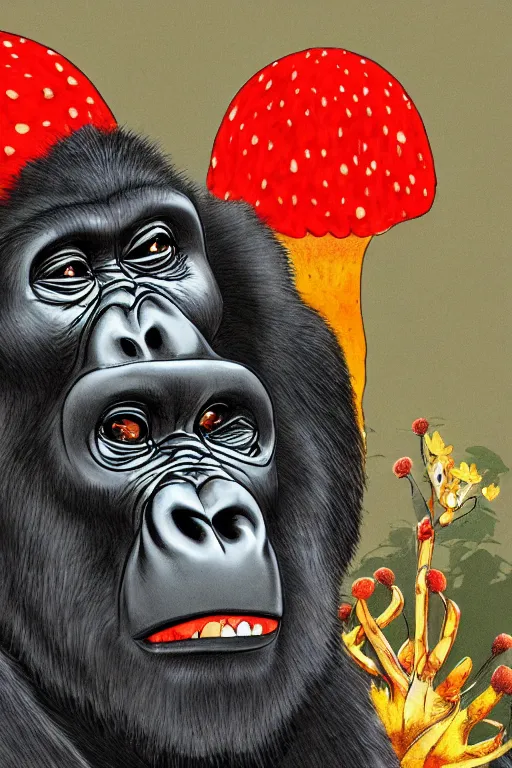 Prompt: gorilla listening to music by jeep holding a amanita muscaria, sunshine, by alba ballesta gonzalez and moebius. 4 k wallpaper, digital flat 2 d, japan animation, comic book, illustration, cinematic lighting, smooth sharp focus.