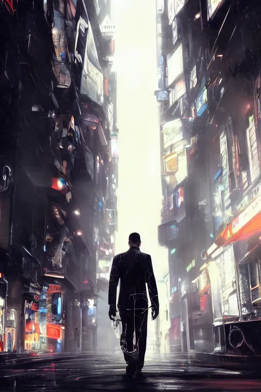 Image similar to in the foreground a Parisian street, in the background a dark-haired man from behind playing with swirls of black energy coming out of his hands wearing a long matrix-style jacket, realistic, high definition, many details, dramatic scene, detailed hands and realistic, symmetrical face, realistic eyes, cyberpunk art 2077