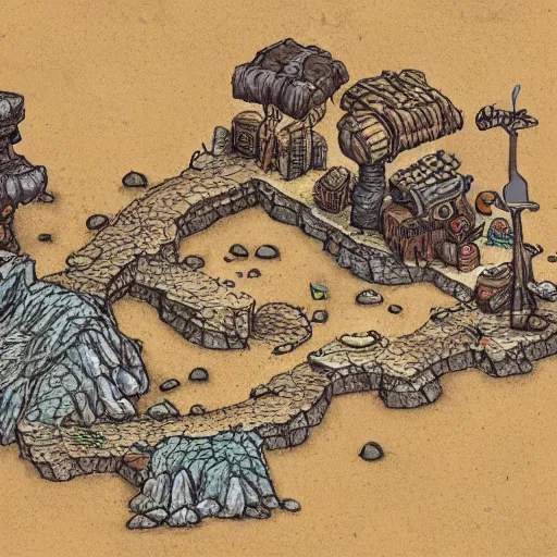 Prompt: an illustrated fantasy map of a small outpost. sand desert. junkyard. d & d. clear design. minimal.