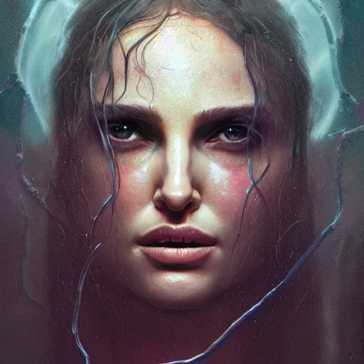 Image similar to a portrait of natalie portman as medusa in dramatic lighting, snakehair, interior background, artstation, by greg rutkowski, by beksinski, a realism masterpiece