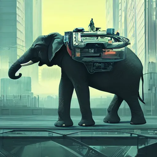Image similar to elephant in futuristic cyberpunk city, flying cars on background, acrilic paint, digital, artstation, detailed intricate ink illustration, heavenly atmosphere, digital art, overdetailed art, concept art, complementing colors, trending on artstation, cgstudio, the most beautiful image ever created, dramatic, subtle, details, award winning artwork, beautiful scenery