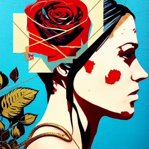 Image similar to portrait of american woman :: side profile :: in ocean :: roses and guns metal details :: gold :: blood and horror :: by marvel and Sandra Chevrier