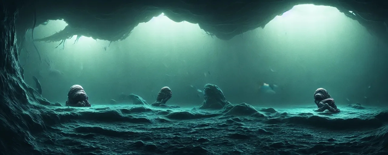 Image similar to ultra realistic horror photo of a dimly lit alien underwater landscape, very intricate details, focus, full frame image, high contrast, cgi render, artwork by tooth wu and wlop and beeple and greg rutkowski, award winning