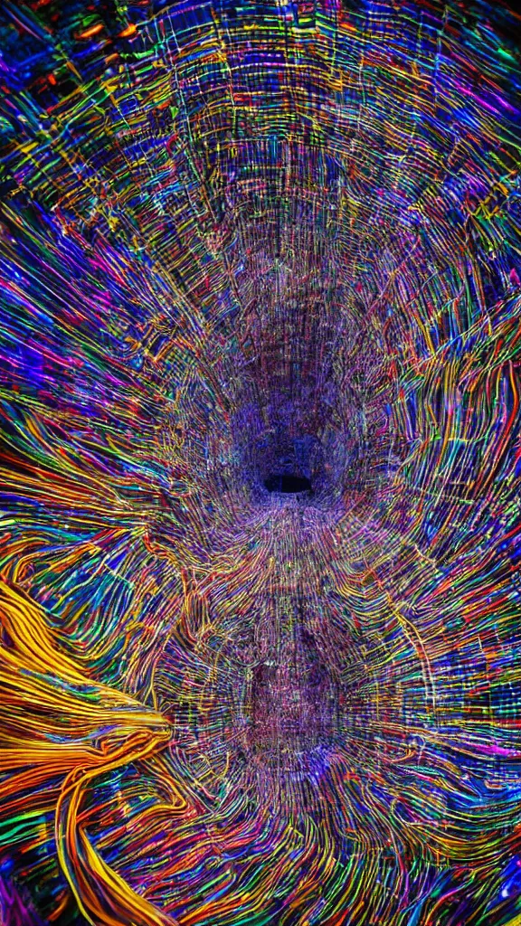 Prompt: macro photography of the giant psychedelic magical machine embedded within the mountain, wind machinery, hadron collider, super conducters, fibre optics, reactor circuits, isometric, cool dark tones in the style of Luis García Mozos