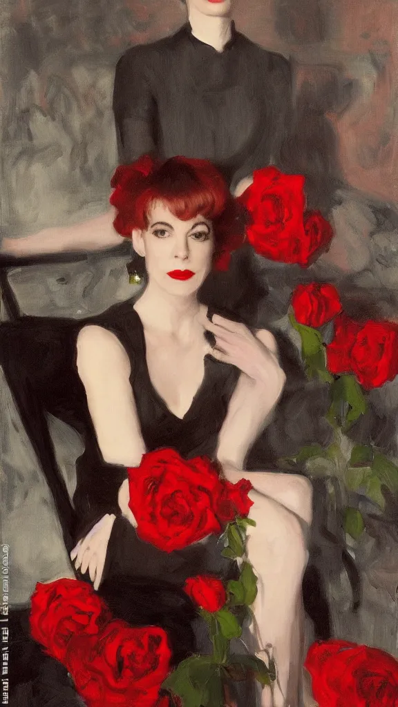 Image similar to portrait of julee cruise in lynch pattern beside a detailed pot of red roses, blue and red lights painted by john singer sargent