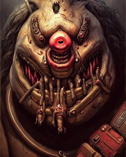 Image similar to roadhog from overwatch, character portrait, portrait, close up, concept art, intricate details, highly detailed, horror poster, horror, vintage horror art, realistic, terrifying, in the style of michael whelan, beksinski, and gustave dore