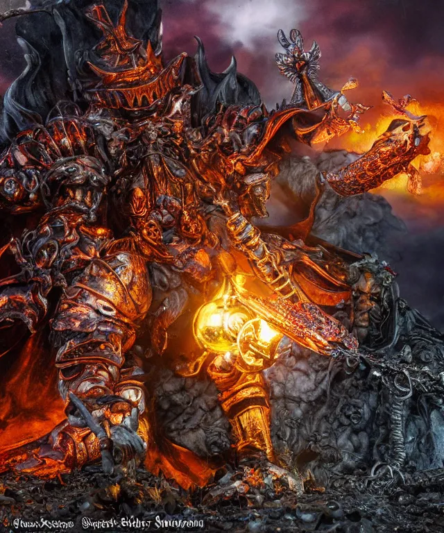 Image similar to hyperrealistic rendering, epic dark souls boss, ornate supreme demon overlord, jewel crown, war armor battle, by art of skinner and richard corben, product photography, collectible action figure, sofubi, hottoys, storm clouds, outside, lightning