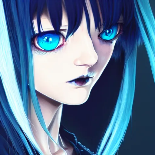 Image similar to two amber colored eyes, long blue - haired girl, bangs, gothic, anime character, noir, screenshot, anime, sharp focus, intricate, illustration, cell shaded, digital painting, highly detailed, concept art, matte, art by ilya kuvshinov, wlop, greg rutkowski, studio quality, james jean, artem demura