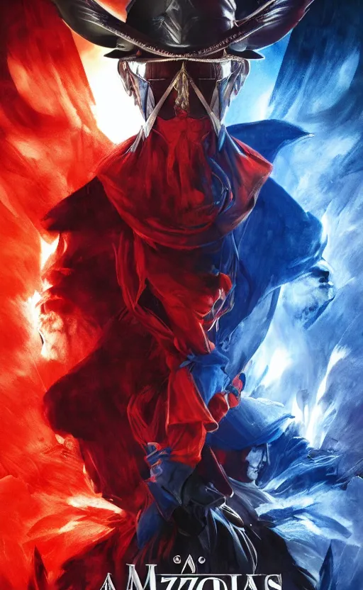 Prompt: a mind - blowing, epic movie poster, depicting a war between red and blue fantasy style wizards, wearing wizard hats, magic, cinematic, dnd, high quality