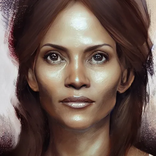 Image similar to portrait of maci holloway, first woman elected as president in usa, cold but beautiful, about 3 5 years old, highly detailed, mix of halle berry and julia roberts, gong li, olga kurylenko, artstation hd, deviantart, by artgem, greg rutkowski