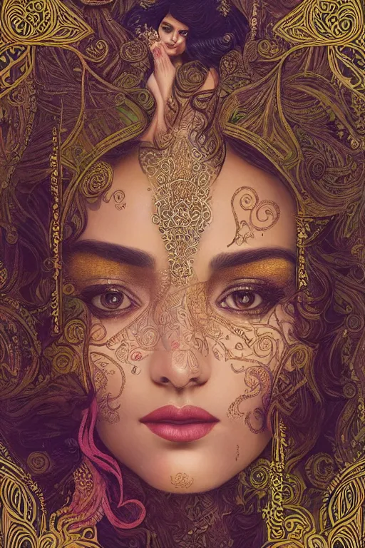 Image similar to a stunning ultradetailed illustration of an indian woman with epic wavy hair surrounded by paisleys and art nouveau floral patterns, by vania zouravilov and tom bagshaw, deep depth of field, catchlight in the eyes, studio lighting, golden ratio composition, 3 5 mm lens, very detailed, 8 k, artstation