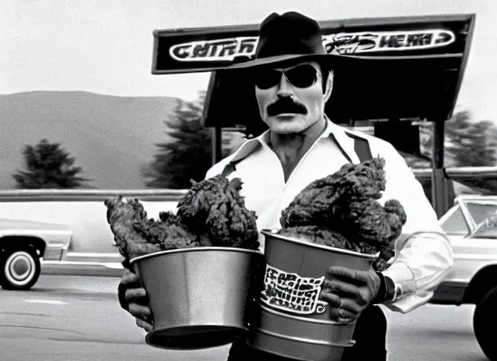 Image similar to film still of burt reynolds holding a bucket of fried chicken in cannonball run 1 9 8 2