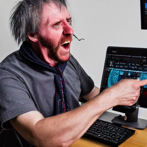 Prompt: crazy scottish man getting angry playing a computer game, photo real, dslr camera, 4 k, ray tracing