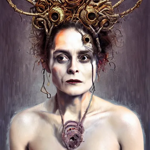 Image similar to expressive oil painting, of helena bonham carter mixed with sigourney weaver, bumpy mottled skin full of blood and scars, ornate headpiece made from crystals, cables and wires, body horror, by yoshitaka amano, by greg rutkowski, by jeremyg lipkinng, by artgerm, digital art, octane render