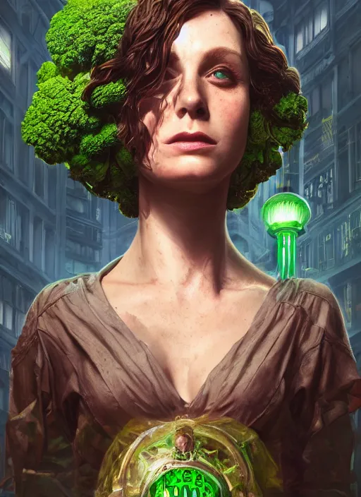 Image similar to biohazard portrait of brocoli bioshock, au naturel, hyper detailed, digital art, trending in artstation, cinematic lighting, studio quality, smooth render, unreal engine 5 rendered, octane rendered, art style by klimt and nixeu and ian sprigger and wlop and krenz cushart