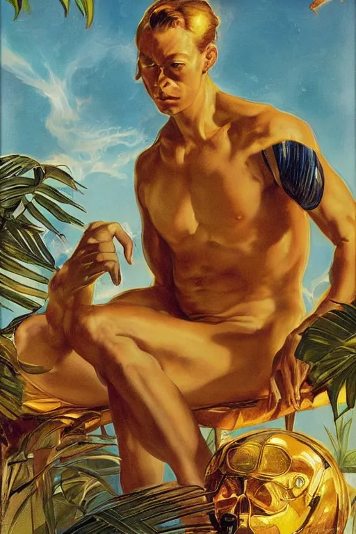 Image similar to an Alien, golden hour, next to a tropical pool, artstation, by J. C. Leyendecker and Peter Paul Rubens, - 12p