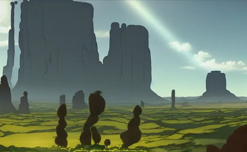 Image similar to a hyperrealist cell - shaded cartoon movie still from howl's moving castle ( 2 0 0 4 ) of a city in a flooded monument valley. rainforest stonehenge is seen in the background with shafts of sunlight from above. very dull muted colors, hd, 4 k, hq