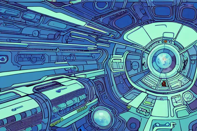 Image similar to a scifi illustration, hyper detailed spaceship interior. top down view. flat colors, limited palette in FANTASTIC PLANET La planète sauvage animation by René Laloux