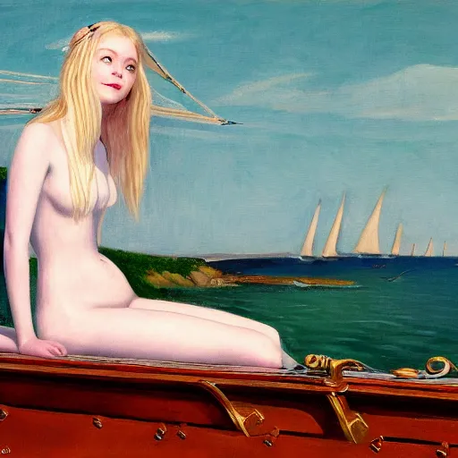 Prompt: Painting of Elle Fanning on a pirate ship, long blonde hair, delicate, pale milky white porcelain skin, by Edward Hopper. 8K. Extremely detailed.