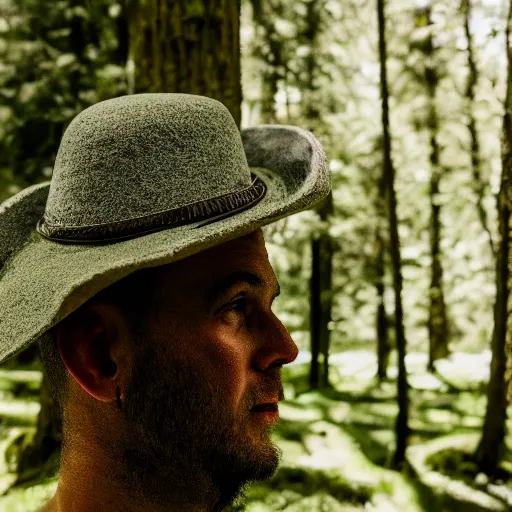 Image similar to portrait of a man with hat made of moss, 4k, full shot, high details, natural light, Forrest in background