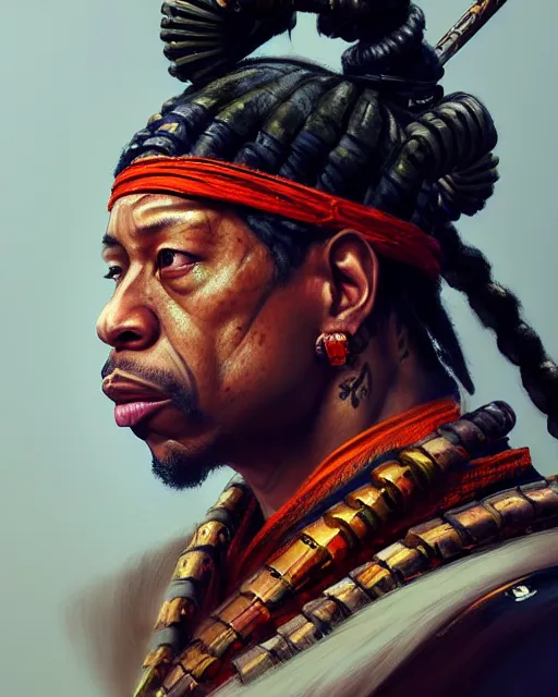 Image similar to face portrait of allen iverson as a muscular ronin samurai, wearing a haori, by wlop and peter mohrbacher, dramatic action pose, extremely detailed shading, concept art, digital painting, trending on artstation, unreal engine 5, octane render, atmosphere, glow, cinematic lighting, full of color