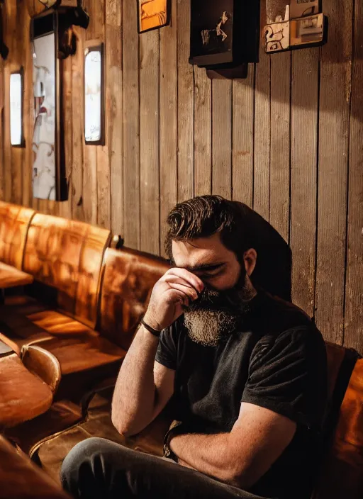 Prompt: Photography of a sad fully bearded man wearing warm clothes and carrying a huge travel backpack, drinking and smoking , sitting in a bar, full body shot, atmospheric lighting , wide angle lens