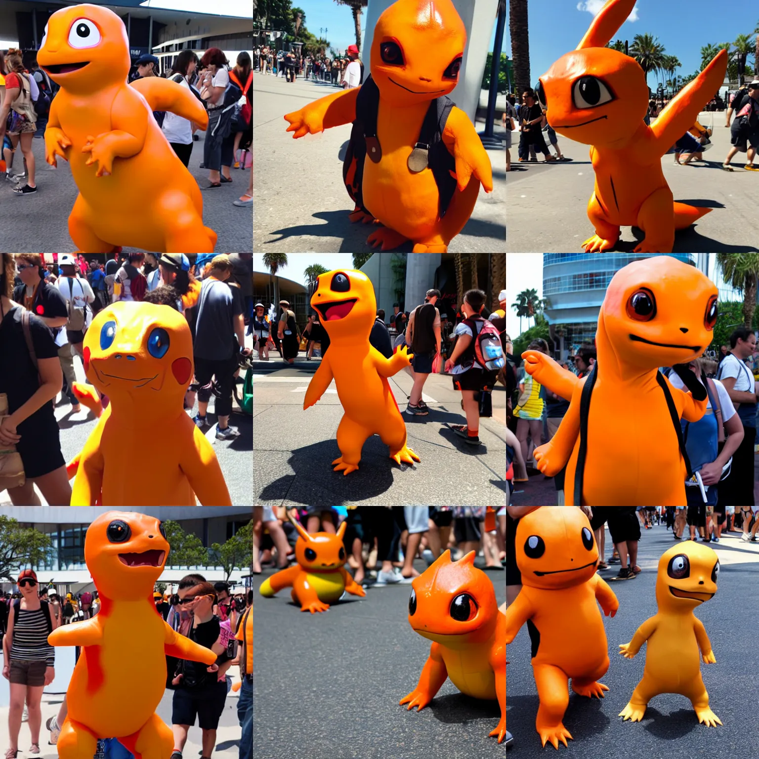 Prompt: charmander cosplay in comic - con, midday, direct sunlight, casual photography