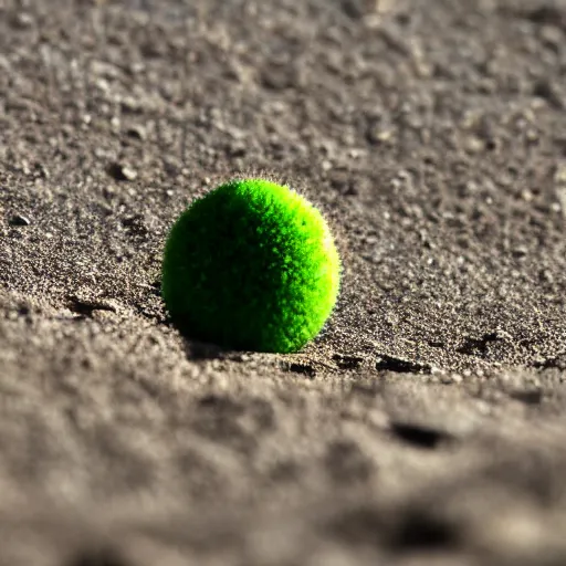 Prompt: macro photo bright day of a tiny sphere containing an oasis world placed on the ground gobi desert in background