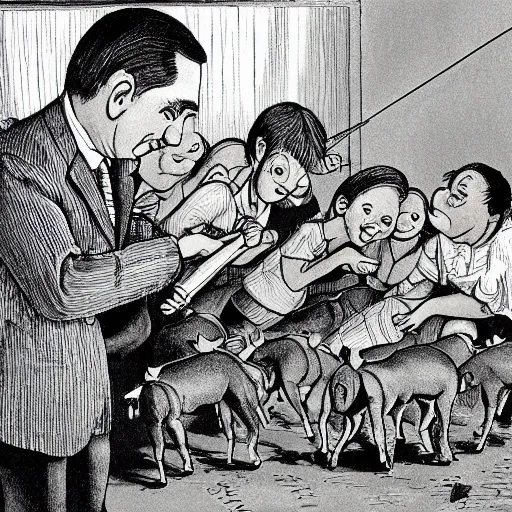 Image similar to pig slaughter with hungarian prime minister viktor orban, highly detailed children book illustration from 1 9 7 0