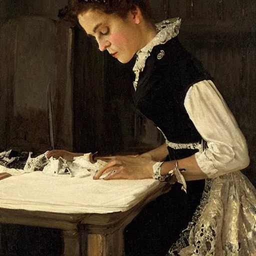 Image similar to seamstress working on a ballroom dress by alfred stevens