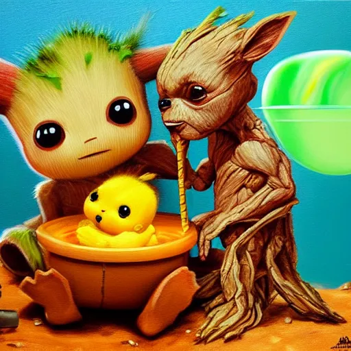Image similar to a realistic painting by Raffaello Sanzi representing baby Groot and baby Yoda eating an ice cream together. In the back we see Pikachu, very detailed and beautiful lighting 8k, smooth,Sharp focus, realism, trending on Artstation
