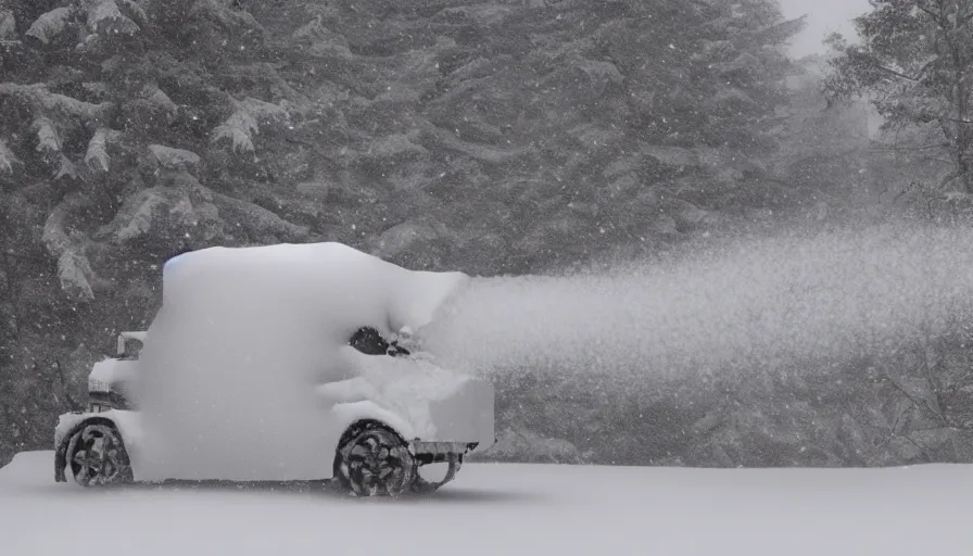 Image similar to snowplow covered by snow in beautiful winter landscape. fog, snowstorm, photorealistic rendering, octane, depth of field, blurry